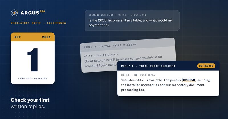 An October 1, 2026 calendar beside two dealer replies to the same web lead, one missing the total price and one that includes it