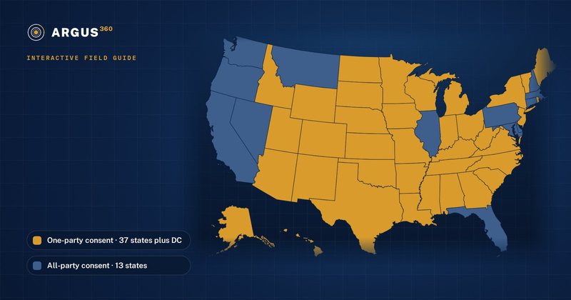Argus360 map of the United States showing one-party and all-party consent states