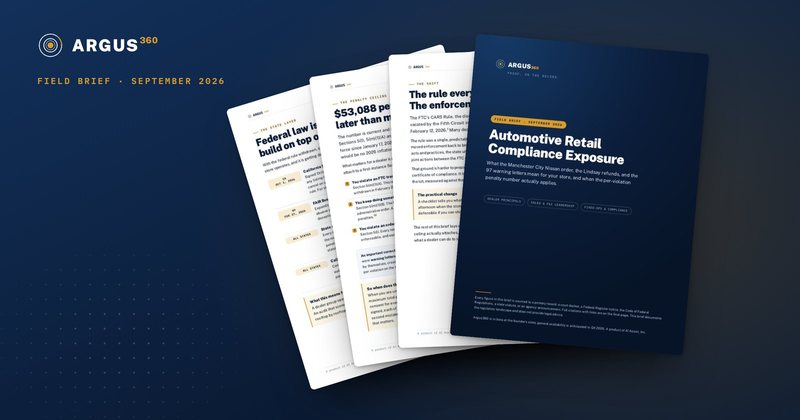 Fanned pages of the Argus360 Automotive Retail Compliance Exposure brief